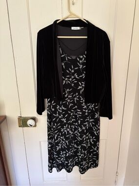 Calvin Klein Black Floral Slip Dress with Black Velvet Bolero